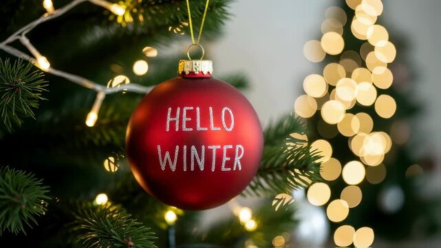 Red holiday ornament with hello winter text rotating on christmas tree branch with blinking lights, seasonal footage.
