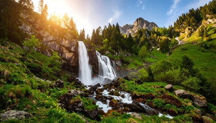 Sunlit waterfall cascading down rocky slopes into lush green valley