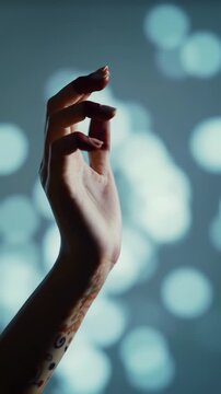 extreme close-up video of a diverse human hand gesturing on an unseen holographic interface with soft cyan and ethereal purple light, creating dreamy bokeh. futuristic innovation concept