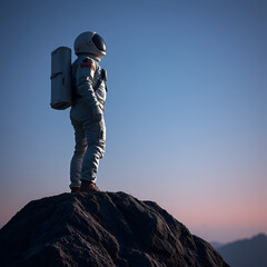 A man in an astronaut suit with a helmet on stands atop a large rock, gazing off into the distance