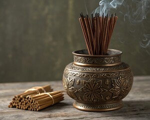 Incense sticks burning in an ornate holder with unlit sticks beside