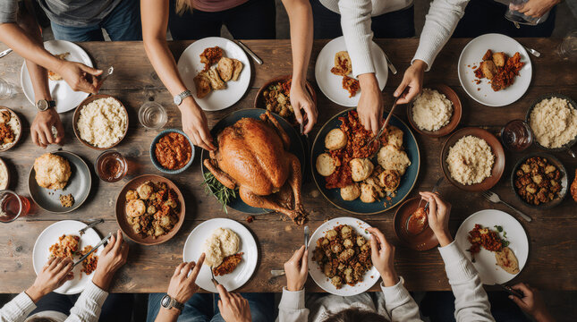 A dynamic overhead shot of a large, rustic dining table laden with Thanksgiving food. A diverse group of friends are all reaching for different dishes