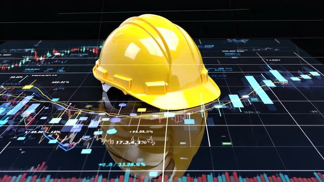 Yellow hard hat resting on digital stock market graphs with fluctuating data in the background