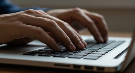 Close-up of hands typing on a laptop keyboard