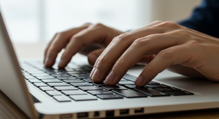 Close-up of hands typing on a laptop keyboard