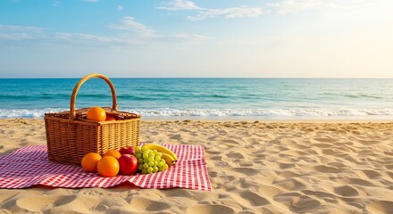 Wicker Basket with Fruit on Red Checkered Blanket at Sunny Beach