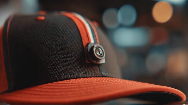 Stylish black and orange cap with camera mounted on brim  