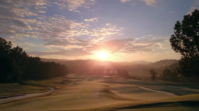 Scenic golf course at sunrise with rolling hills and vibrant sky  