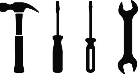 Black Silhouettes of Hammer Screwdrivers and Wrench on White Background