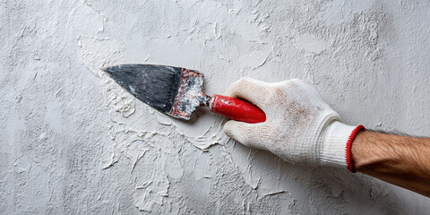 The concept of puttying the wall is leveled with a spatula.