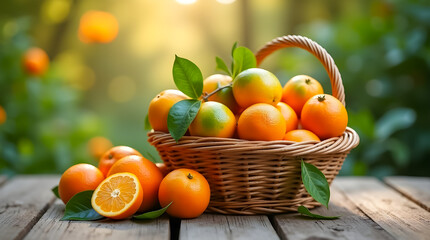 Top-Down View of Fresh Oranges in a Woven Basket on Wooden Table, Natural Setting, 4K