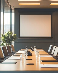 Modern Glass-Walled Conference Room Setup for Business Strategy Sessions, Tech-Ready Meeting Room with Clean Design and Digital Presentation Board, The space is designed for collaboration.