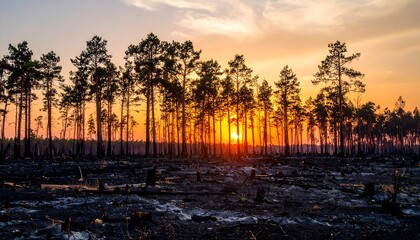 Sunset silhouettes tall, dark trees against a vibrant, fiery sky over a landscape of charred, blackened earth
