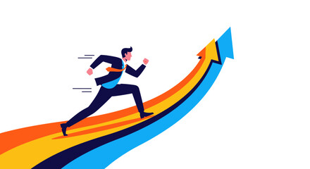 Obraz premium A determined businessman in a suit runs uphill on a vibrant, upward-pointing arrow, symbolizing career advancement and financial growth.