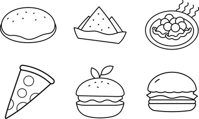 Pizza and Burger Icon Set in Line Art Style with Sandwich and Snack Slice.eps