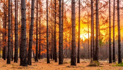 Sunset through a pine forest, autumnal colors