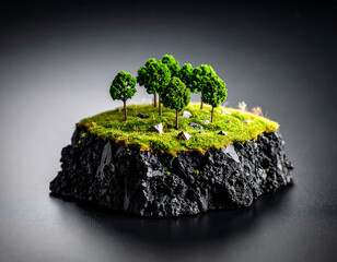 Miniature Volcanic Island with Green Trees on Black Rock