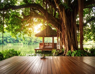 Tranquil gazebo by a pond, shaded by a large tree, with a wooden deck in the foreground