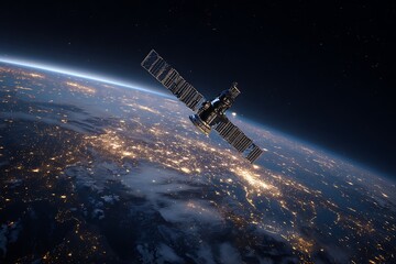 Obraz premium Satellite In Low Earth Orbit Capturing High-Resolution Data Streams, Earth Curvature Visible Below With Glowing City Lights At Night, Dramatic Lighting, Detailed Surface Textures --A