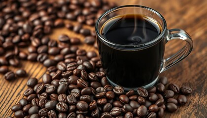 Fototapeta premium Dark roasted coffee beans beside a steaming cup of black coffee, hot, steam