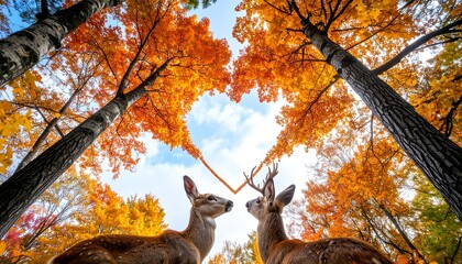 Two deer gaze at each other under a heart-shaped canopy of autumn leaves