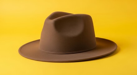 Brown Fedora Hat on Yellow Background - Stylish brown fedora, classic design, smooth texture, autumnal vibes, perfect accessory