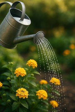 Cria uma sessao fotografica profissional ultrarrealista, com iluminacao suave: regador de metal regando flores amarelas