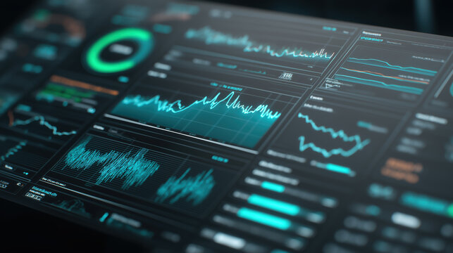 Futuristic Dashboard Interface with Cyan Line Graphs and Circular Gauge