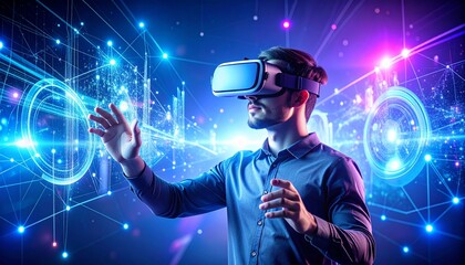 Futuristic person wearing VR headset surrounded by glowing holographic interfaces