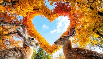 Two rabbits face each other, framed by a heart-shaped autumn foliage canopy against a bright blue sky