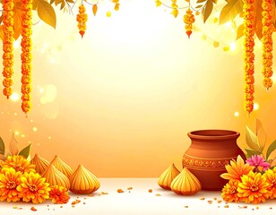 Ganesha Chaturthi Abstract Background with Modak, Clay Pot, Marigold and Soft Saffron Light