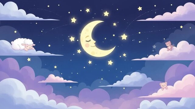 Adorable cartoon crescent moon with sleeping sheep and teddy bears floating on fluffy clouds under a starry night sky perfect for lullabies 4K Ai HD video.
