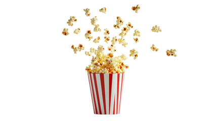 Bursting Bucket of Freshly Popped Popcorn in Striped Container on Transparent Background