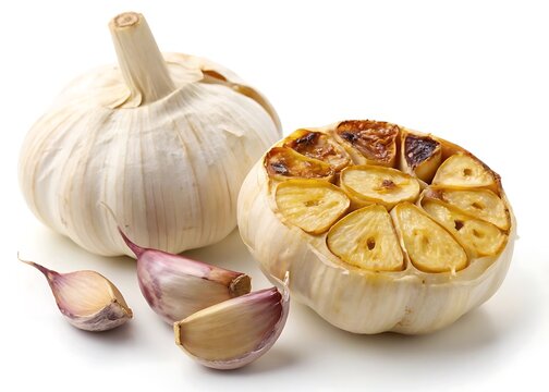 Whole and roasted garlic bulbs with cloves on white background