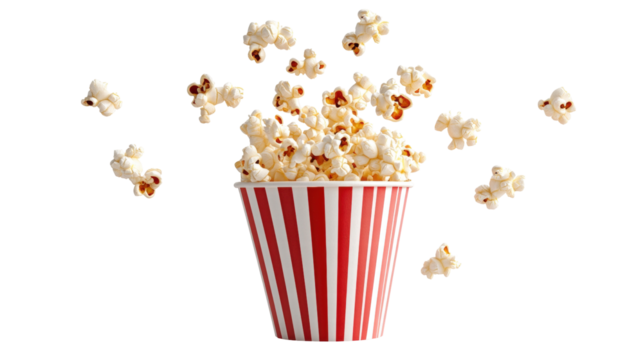 Bursting Popcorn from Red and White Striped Bucket Against a Transparent Background