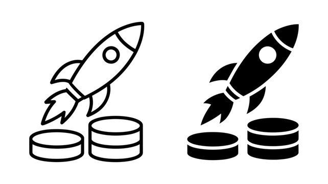 Startup Rocket Launching Over Coins:  Bold Line Art and Solid Black Icon Set for Financial Growth and Investment Success.