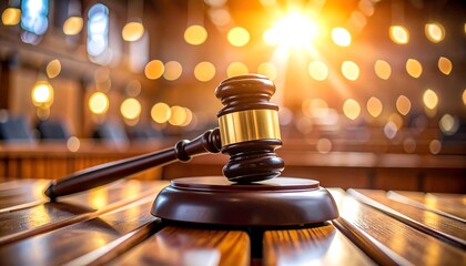 Gavel on wooden table, courtroom setting