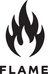 Black fire flame icon with "FLAME" text, symbolizing heat, danger, energy, passion, burning, and cooking on a white background