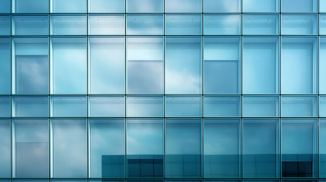 Modern glass building facade with reflective blue tones