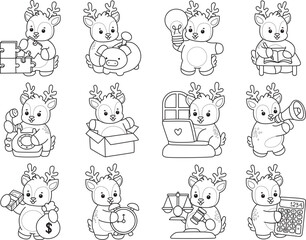 Cute Deer icon. Funny baby Deer animal series stock illustration. Life of fluffy Deer designs. Coloring pages of cute deer icon.
