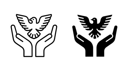 Fototapeta premium Hope, peace, and protection: line art and solid black icon set of hands gently cradling a dove.