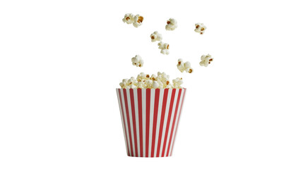 Flying Popcorn Kernels Above a Red and White Striped Bucket on a Transparent Background