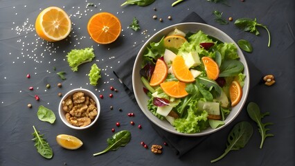 Fresh and healthy salad with oranges and walnuts presented on a dark background with scattered ingredients