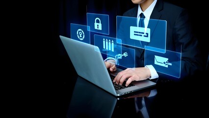 Business Professional with Holographic Cybersecurity Interface &ndash; Futuristic Tech Scene