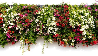 Vibrant flowering plants cascade from hanging baskets against a white wall, creating a lush, colorful display