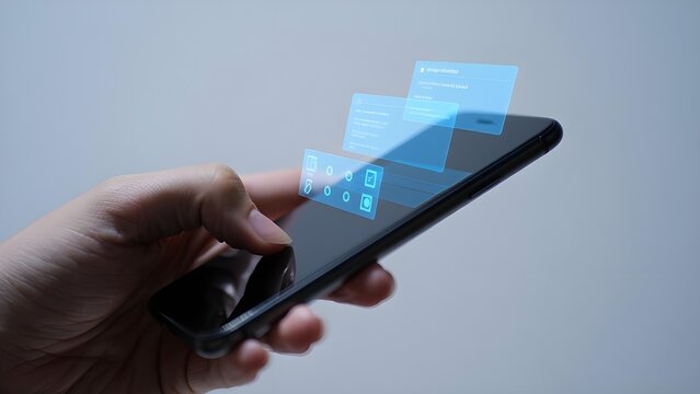 Hand Holding Smartphone with 3D Holographic UI Floating Above Screen