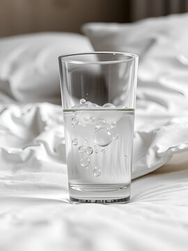Old Glass of Water on bedstand developing stale flat bubbles