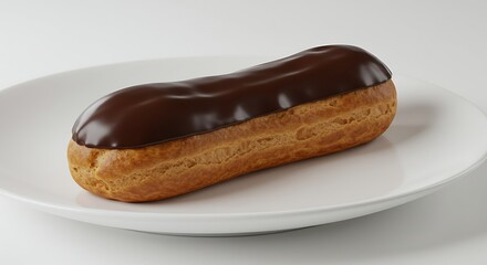 Delicious Eclair with Shiny Chocolate Glaze on White Plate Still Life
