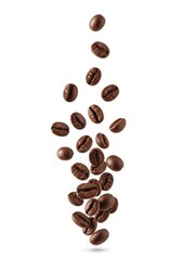 Naklejka premium Falling Coffee Beans - Roasted coffee beans falling against a white background. Perfect for coffee packaging, websites, or blogs