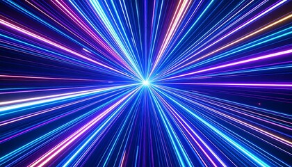 Vibrant light streaks radiate from a central point, creating a dynamic, starburst effect against a dark blue background